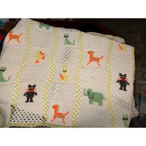 Vtg Baby Afghan Crochet Crib Blanket Quilt 43” x45” Animals Duck, Bear , Horse